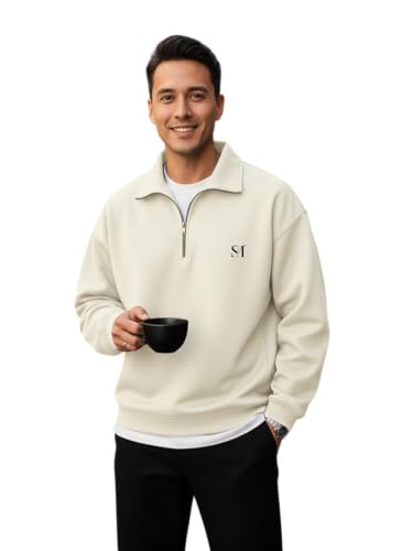 Image of SMOWKLY Men's Half Zip Sweatshirt | Oversized Winter Wear for Men | Mock Neck Quarter Zip Pullover | Full Sleeve Fleece Sweatshirt | Casual Streetwear | Warm Cotton Blend Upperwear for Men