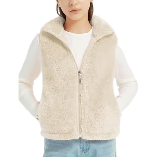 EXARUS Girls Fleece Vest Stand Collar Sleeveless Lightweight Soft Zipper with Pockets Outwear Winter Thermal 6-12Y Beige 7 Years