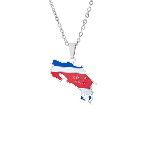 Macracrua Collier léger avec pendentif carte du drapeau du Costa Rica en acier inoxydable - Bijou minimaliste, 50cm Chain, Acier inoxydable