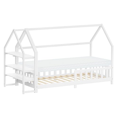 ML-Design Letto a Casetta 90x200 cm per Bambini, Bianco, in Legno di Pino, con Materasso 10 cm, Protezione Anticaduta e Libreria Integrata, Tetto e Rete a Doghe, Letto a Terra Style Montessori