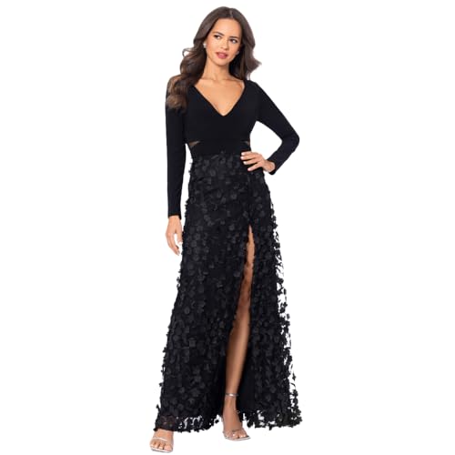 Xscape Women's Long Sleeve V-Neck Floral Skirted Gown