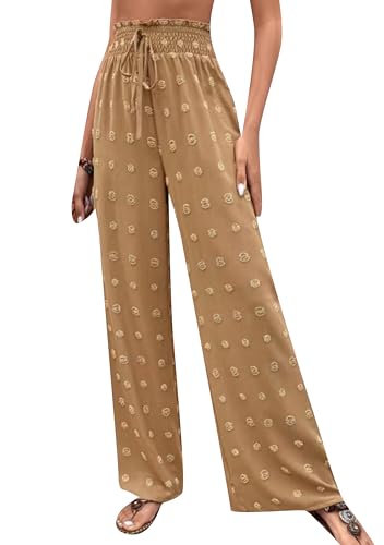 DIACACY Womens Swiss Dot Wide Leg High Waist Pants Flowy Adjustable Knot Trousers Loose Casual Pants