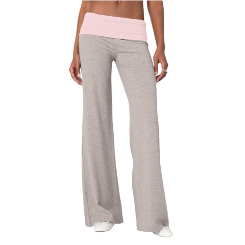 Lounge Yoga Pants for Women Fold Over Low Waist Wide Leg Sweatpants Flare Leggings Bell Bottoms Y2K Foldover Pants (Grey+Pink, M)