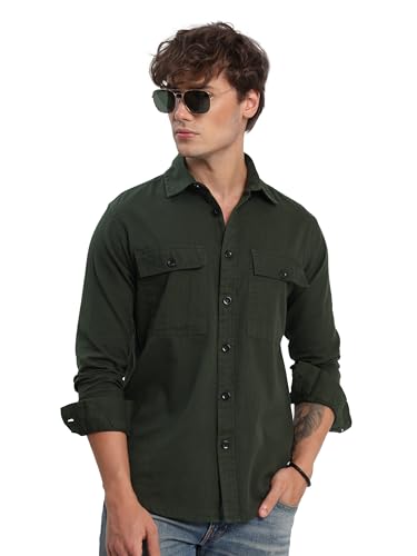 Image of Beyoung Drill Laffer Fabric Urban Shirt for Men | Regular Fit | Classic Collar | Drop Shoulder | Full Sleeves | Solid Pattern | Casual Shirt for Men
