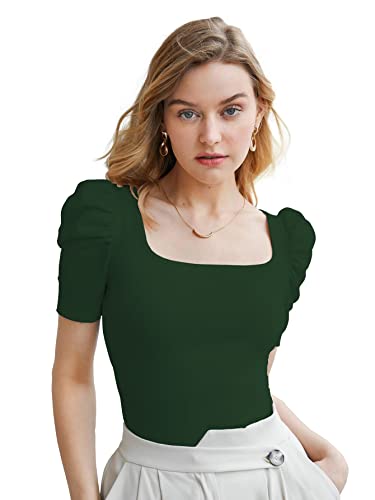 Image of Shasmi Women's & Girl's Polyester Pleated High Neck Short Puff Sleeve Ruched Bust Solid Regular Fit Top