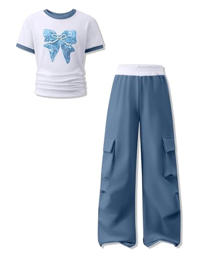 Klyatpxoen Girls Clothes 2 Piece 13 14 Years Butterfly Short Sleeve Top High-Waisted Cargo Pants Fashion Girls Spring Summer Outfits Blue(13-14Y)