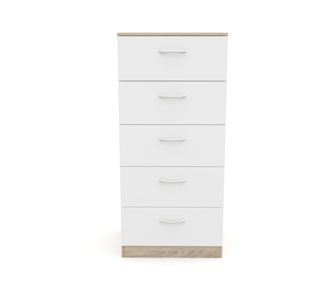 DORMIDAN- Sinfonier 5 cajones guías metálicas, cómoda Dormitorio, Altura 110cm. (Roble cajones Blanco)
