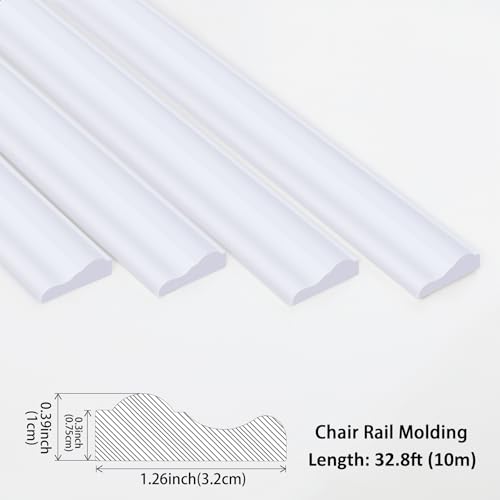 Hungbak Peel und Stick Leichte TPE Stuhl Schiene, Formteil Trim für Home Decoration, Wandschutz (lackierbar weiß, 10m x 3.2cm)