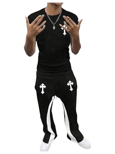 Floerns Men's 2 Piece Outfit Letter Print Tee Shirt Drawstring Waist Pants Set