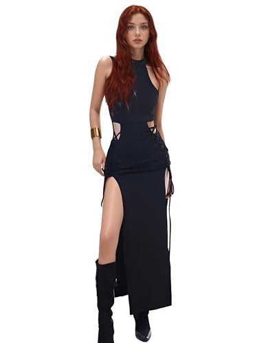 Mingnos Sexy Black Goth Dress for Women, Sleeveless Cutout Side Crisscross High Slit Dresses Cosplay Festival Rave Outfits