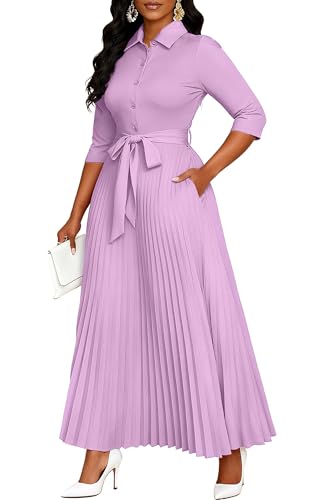 Image of Runwind Maxi Dresses for Women, 3 /4 Sleeve Botton Down Pleated Long Dress with Belt Casual Church Dress with Pockets