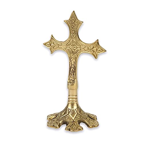 BlessedMart Verziertes stehendes Kreuz aus Messing – Tischaltar Segen Kruzifix, Kirche liturgisch, Heimataltar, Gebetsecke, Höhe 13 cm