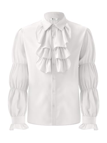 Runcati Mens Pirate Shirt Ruffle Victorian Renaissance Vampire Poet Puffy Shirts Gothic Steampunk Medieval Costume White