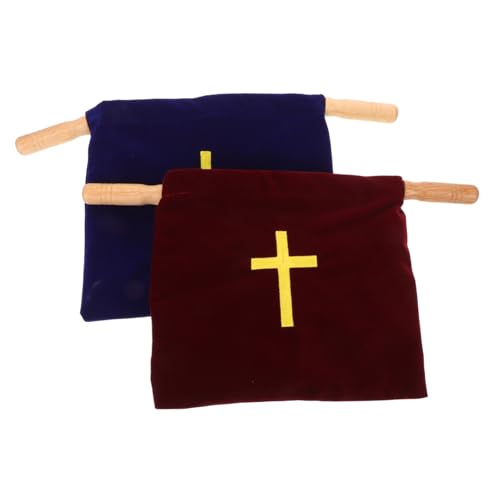 Pochette de collecte brodée Croix en tissu doux premium avec poignées bois
