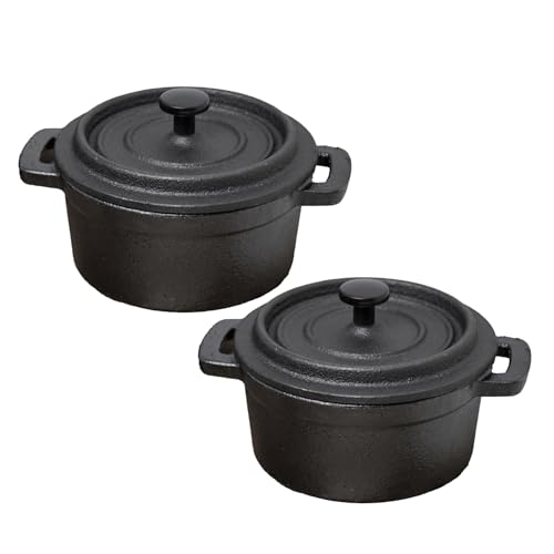 Set of 2 Cast Iron Mini Casserole Dishes with Lids | Individual Cocotte Dutch Ovens for Souffles Pies & Side Dishes | Black Metal Terrine Pots - 10cm