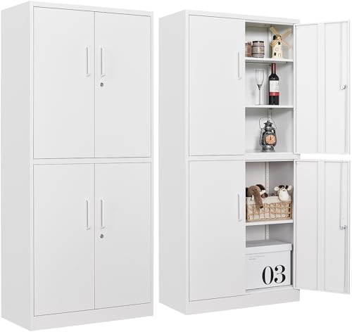 Image of Metal Storage Cabinet with 3 Adjustable Shelves,White Storage Cabinet with Lock,71 inch Lockable Metal Cabinets with Locking Doors,Tall Steel Pantry Cabinets 4 Door for Home,Office,Garage,Bathroom,Kitchen