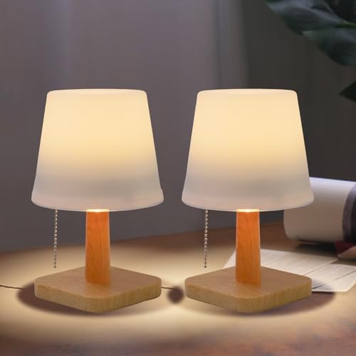 pearlstar Solar Table Lamp Outdoor - 2 Pack LED Waterproof Cordless Solar Desk Lamp with Pull Chain 2 Lighting Modes, Auto ON/Off for Outside Patio Coffee Table Garden Bedroom Living Room(White)
