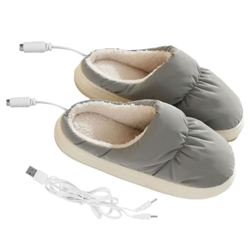 Pantoufles chauffants électriques USB en peluche gris taille unique chauffe-pieds