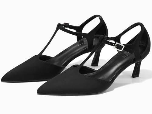 Coutgo Womens Low Kitten Heels T Strap Closed Pointed Toe Ankle Buckle Pumps Wedding Party Dress Shoes2