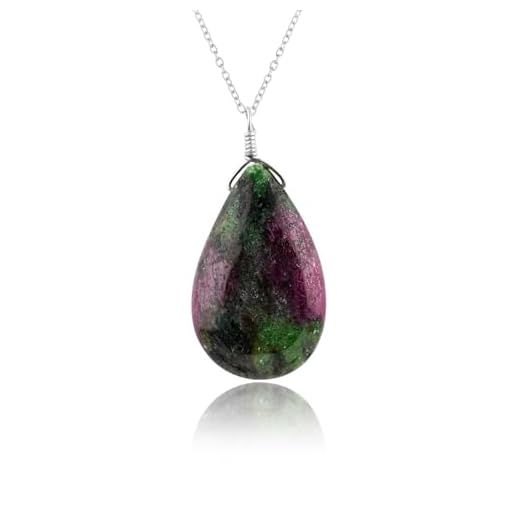 CRYSTALIS Natural Ruby Zoisite Gemstone Pendant Necklace, High Grade Polished Pear Crystal, Chakra Energy, Healing Cabochon, Gift Giving Women Jewelry, Dainty 925 Sterling Silver Chain 18 inch