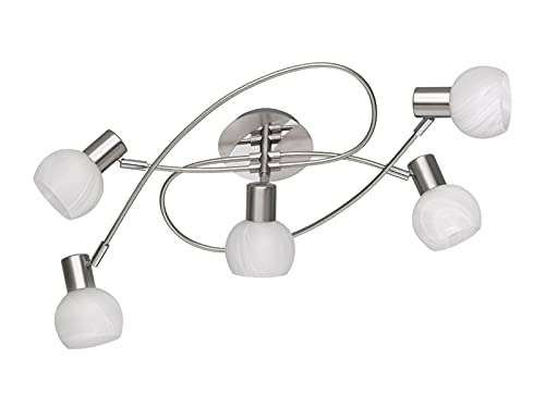 Foco de techo LED regulable con 5 focos, color plateado y cromo, pantalla de cristal alabastro, blanco, 52 cm de ancho Cover