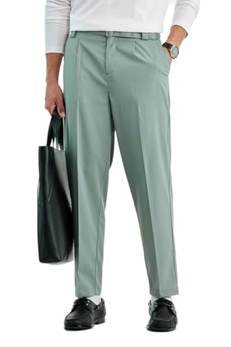 Image of SNITCH Men Trousers Formal Wear | Relaxed Fit Straight Leg Pleated Front & Turned-up Hem Design | Polyester Blend Medium-Stretch Fabric for Office Meetings & Daily Professional Use