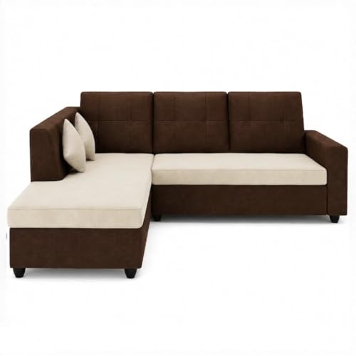 Image of FURNY Nathan 4 Seater L Shape Sofa Set LHS (Dark Brown-Cream) | Suede Velvet Finish | Durable Comfort Sofa for Modern Living Room & Office Spaces