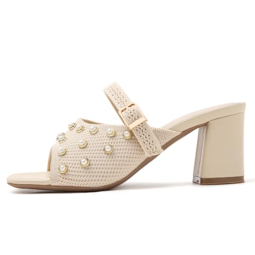 Image of Tilocow Knit Heeled Sandals for Women Square Open Toe Heeled Mules Chunky Block Low Heel Slip On Slides