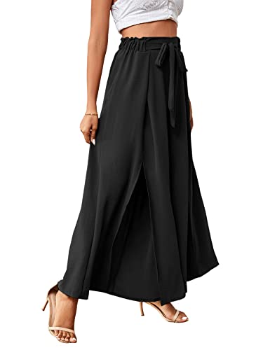 LYANER Women's Tie Front High Waist Side Split Slit Flowy Wide Leg Pleated Pant with Belt3