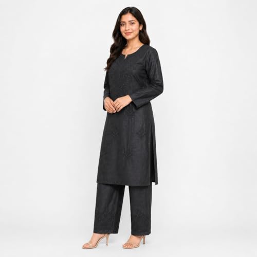 Image of Women's Chikankari Embroidered Straight Kurta with Palazzo Set, Traditional Kurti Bottom Set |Round Neck Full Sleeve Outfit for Daily,Office, Festive & Casual