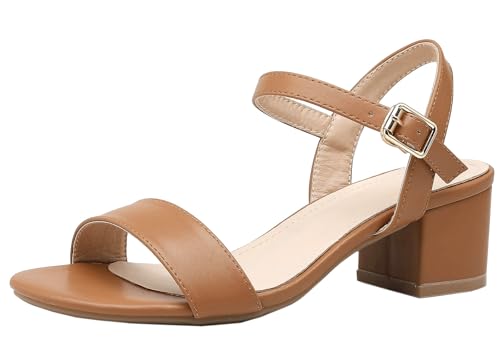 DADAWEN Women's Open Toe Ankle Strap Glitter Low Block Chunky Heels Sandals Dress Pumps Shoes Brown US Size 10