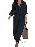 Dokotoo Women's Sexy Jumpsuits Long Sleeve V Neck Button Belted Straight Long Cargo Pants Clubwear Rompers with Pockets Womens Work Clothes Blue Large