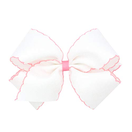 Wee Ones Girls' Classic Grosgrain Moonstitch Edge Hair Bow, No-Slip Hair Clip, Handmade, White with Light Pink, King