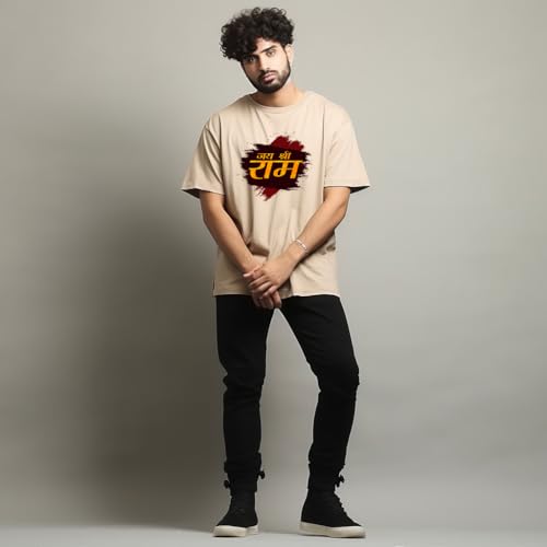Image of Prabhubhakti Men's Oversized Shri Ram Printed Beige T-Shirt | Print Drop Shoulder Pure Cotton Oversized Tshirt for Men