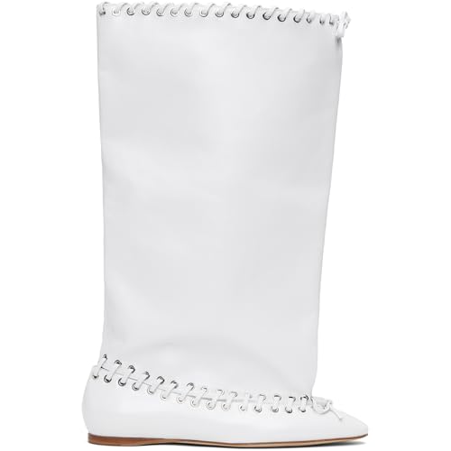 UniqueStride Women Mid Calf Boots Crinkled Lace Up Bow Metal Eyelets Pull On Round Toe Leather Wide Calf Flat Boots2