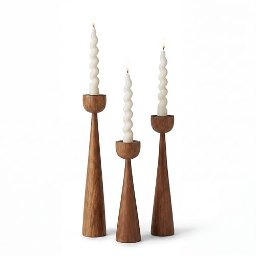 Baytwood 3-Piece Wooden Taper Candle Holder Set Rubber Wood Candlestick Holders Decorative Candle Stand for Dining Table Centrepiece Living Room Bedroom Wedding Ramadan & Eid Décor Brown
