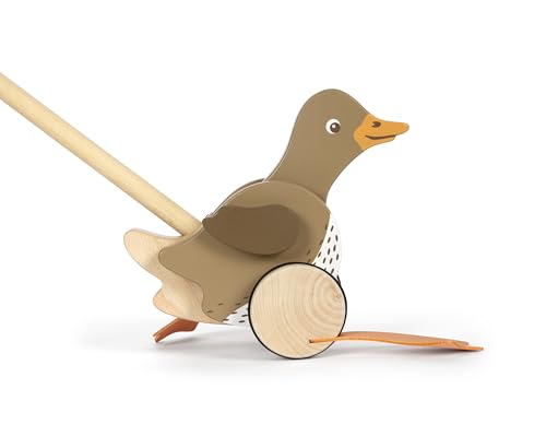 small Foot Schiebetier Ente mit beweglichem Kopf aus Holz, hilft beim Laufenlernen, Schiebespielzeug für Kinder ab 18 Monaten, 12493, Braun