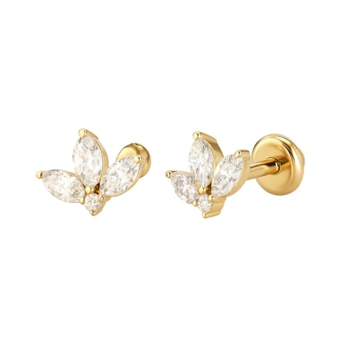 Image of 925 Silver Leafy Stud Earrings, 18K 1 Micron Gold Vermeil, White Cubic Zirconia, Screw Back