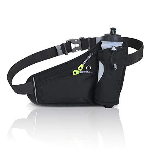 Sac banane avec porte-bouteille, sac banane de randonnée imperméable avec fermeture éclair, ruban réfléchissant pour la course, le voyage, le jogging, la randonnée (bouteille non incluse), Noir Cover