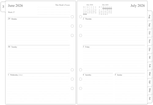 Orgnizme 26-27 Middle Year Weekly Diary Refill A5 Size Week on Two Pages Monthly Tabs Jul 2026 - Jun 2027 Filofax A5 Compatible