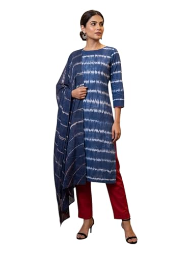 Image of Eddika women unstitched hand block printed cotton suit set with mulmul dupatta ehbpcswmd0120P