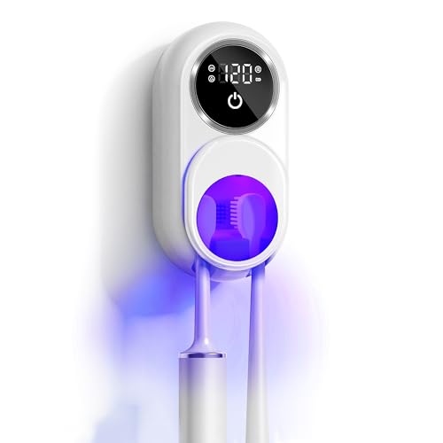 UV Toothbrush Sanitizer Holder(2 Slots, White)-Rechargeable Wall-Mount with Heated Fan Drying, LED Smart Screen, for Bathroom & Travel