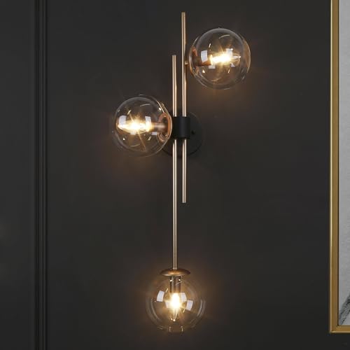 Image of KSANA Bathroom Light Fixtures Over Mirror, Black Gold Vanity Lights for Bathroom with Clear Glass Shade, 3-Light Modern Indoor Sconces Wall Lighting for Bedroom, Hallway, Stairway