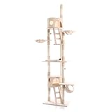 Arbre à Chat 240-260cm en Beige Hauteur Plafond avec Cordes en Sisal Niches et Hamacs Grattoir