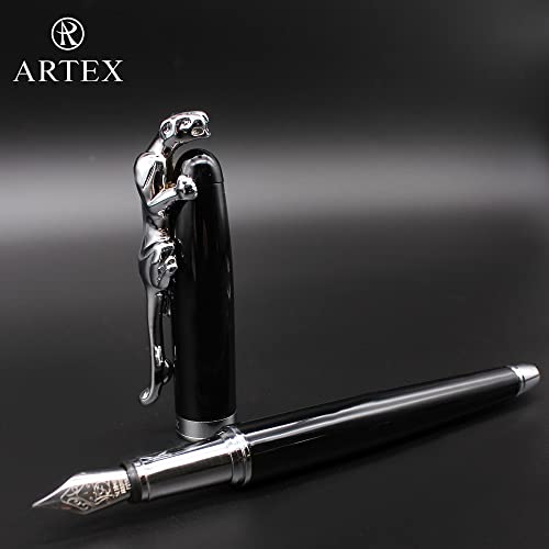 Artex Stylish Fountain Pen : Luxury,Elegant, Germany F Fine Nib, Gift For Men & Women, Professional, Executive, Metal, Gift Box (Black/Silver (Leopard)) #TOP1
