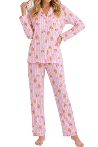 Image of LUBOT Christmas Pajamas for Women 100% Cotton Pajama 2 Piece PJ Set Soft Long Sleeve Button Xmas Print Loungewear XS-XXL