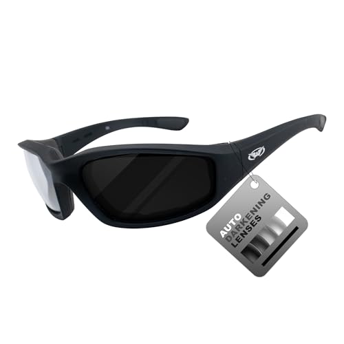 Global Vision Kickback Auto Darkening Photochromic Motorcycle Sunglasses Clear to Super Dark ShadowLuxe Lenses Black Frame Z87.1