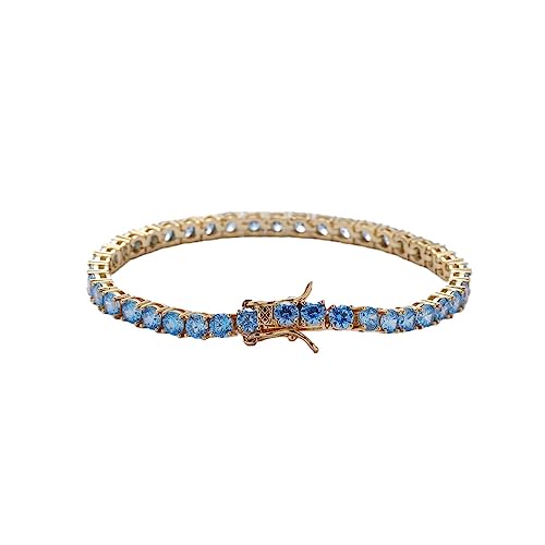 Sparkling 14K Round Gemstones and Yellow Gold Accent, Women's Tennis Bracelet with Blue Moissanite, Gifts for Women
