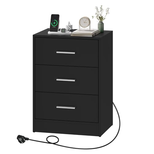 WOLTU Mesita de Noche, Mesa de Centro con Enchufes y Puerto USB, Mesita de 3 Cajones, Mesilla de Nochepara Dormitorio, Salón y Estudio, Negra, MDF, 39x28,5x54,5 cm