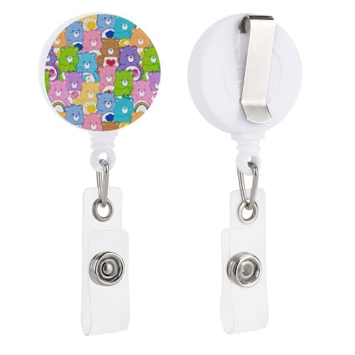 吊り下げ名札用リール ケアベア リールキーホルダー 円形 名札ホルダー 伸縮タイプ 引き込み式 胸に固定 紛失防止 クリップ付き 社員証/定期入れ/パスケース用